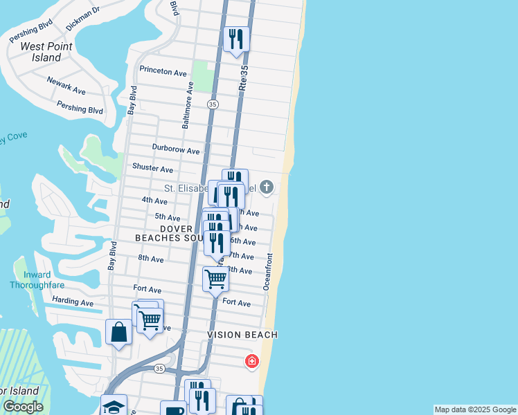 map of restaurants, bars, coffee shops, grocery stores, and more near 2 4th Avenue in Seaside Heights