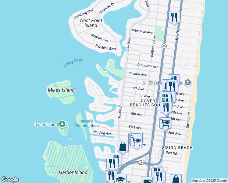 map of restaurants, bars, coffee shops, grocery stores, and more near 1919 Bay Boulevard in Lavallette