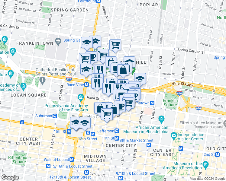 map of restaurants, bars, coffee shops, grocery stores, and more near in Philadelphia