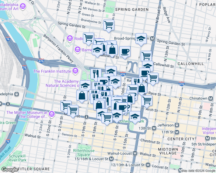map of restaurants, bars, coffee shops, grocery stores, and more near in Philadelphia