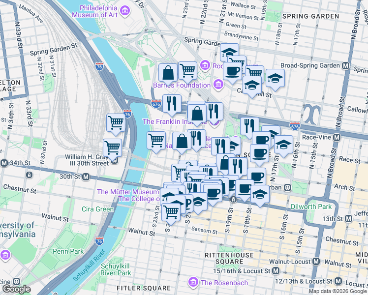 map of restaurants, bars, coffee shops, grocery stores, and more near 2129 Cherry Street in Philadelphia