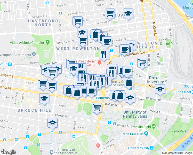 map of restaurants, bars, coffee shops, grocery stores, and more near in Philadelphia