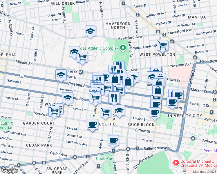map of restaurants, bars, coffee shops, grocery stores, and more near 42 South 44th Street in Philadelphia