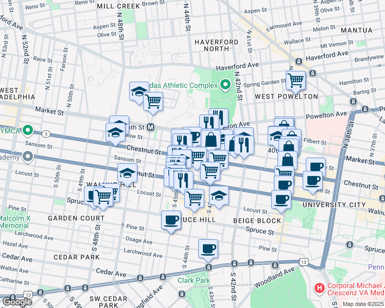 map of restaurants, bars, coffee shops, grocery stores, and more near 42 South 44th Street in Philadelphia
