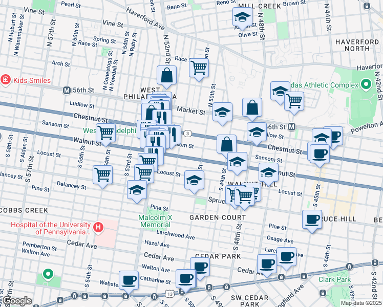 map of restaurants, bars, coffee shops, grocery stores, and more near 5012 Sansom Street in Philadelphia