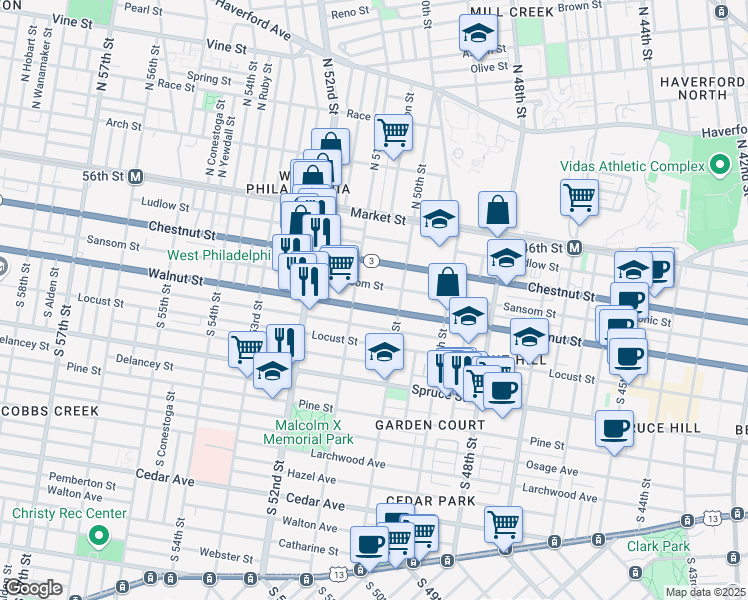 map of restaurants, bars, coffee shops, grocery stores, and more near 5012 Sansom Street in Philadelphia