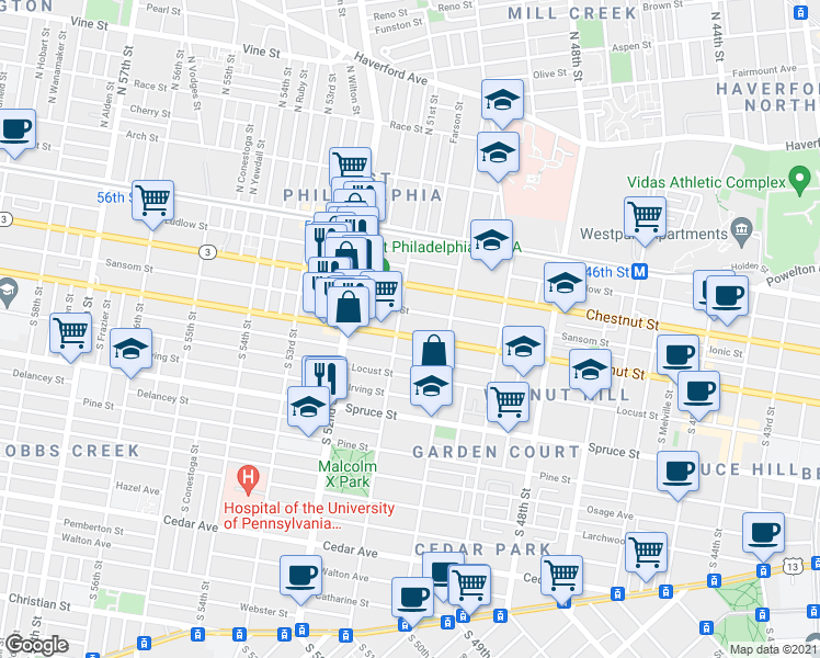 map of restaurants, bars, coffee shops, grocery stores, and more near in Philadelphia