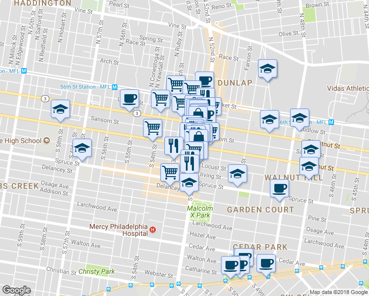 map of restaurants, bars, coffee shops, grocery stores, and more near 5228 Walnut Street in Philadelphia