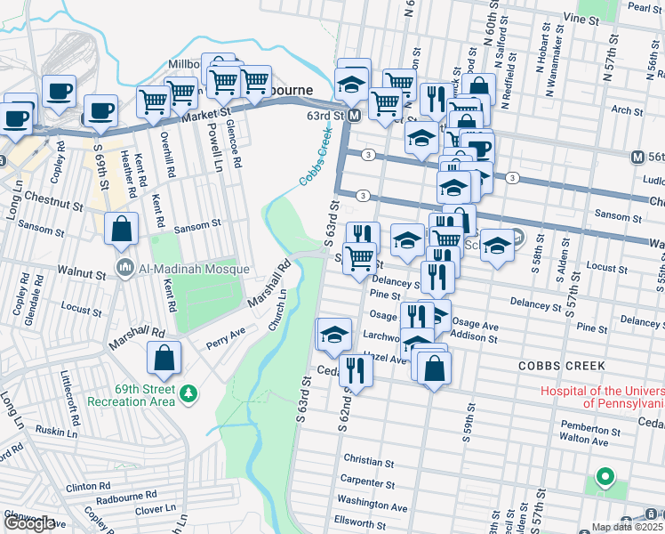 map of restaurants, bars, coffee shops, grocery stores, and more near 305 Cobbs Creek Parkway in Philadelphia