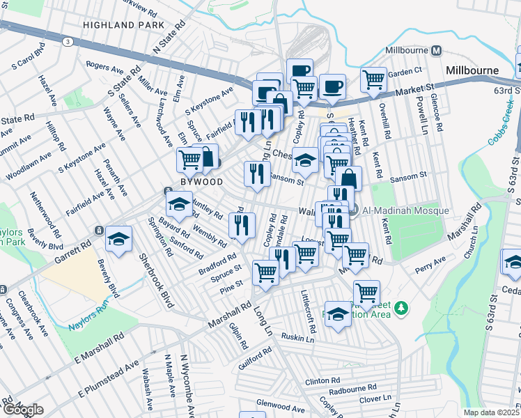 map of restaurants, bars, coffee shops, grocery stores, and more near 340 Wiltshire Road in Delaware County