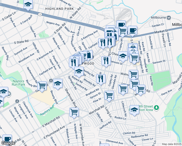 map of restaurants, bars, coffee shops, grocery stores, and more near 300 Huntley Road in Upper Darby