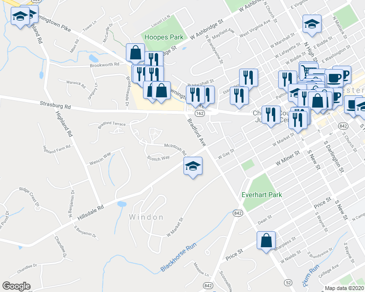 map of restaurants, bars, coffee shops, grocery stores, and more near 237 McIntosh Road in West Chester