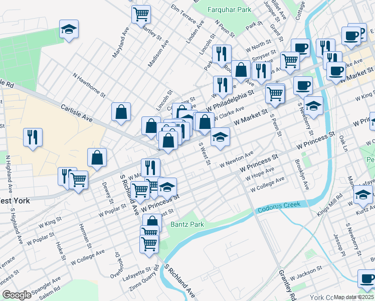 map of restaurants, bars, coffee shops, grocery stores, and more near 652 West Market Street in York