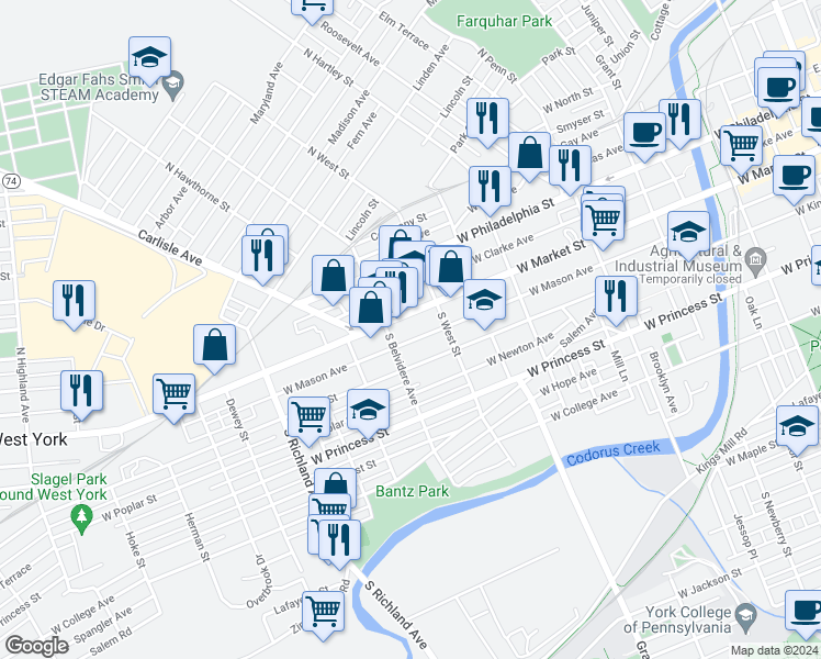 map of restaurants, bars, coffee shops, grocery stores, and more near 652 West Market Street in York