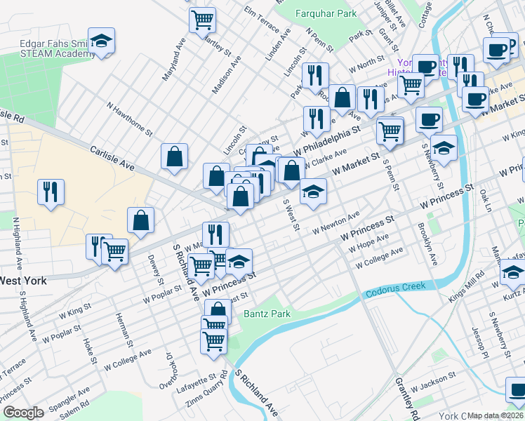 map of restaurants, bars, coffee shops, grocery stores, and more near 652 West Market Street in York