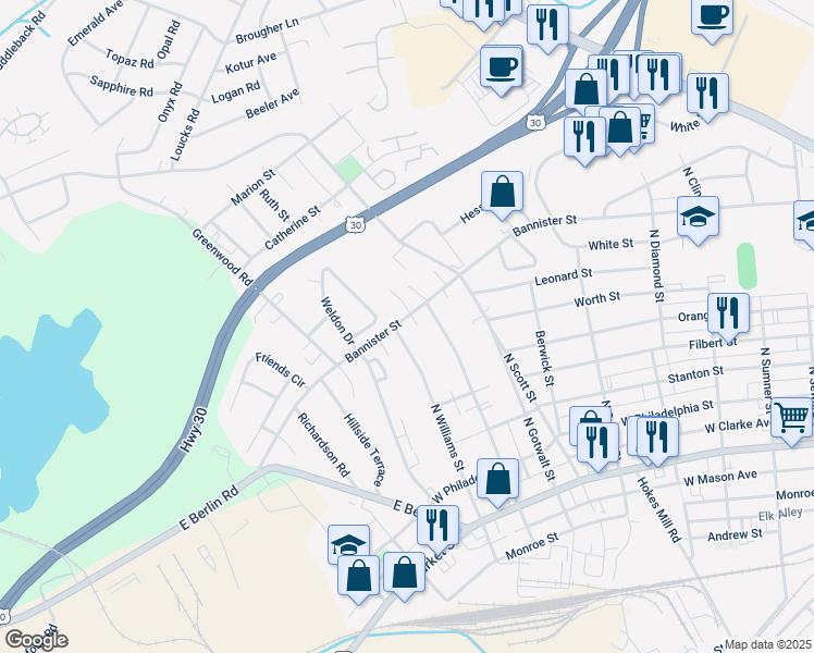 map of restaurants, bars, coffee shops, grocery stores, and more near 2310 Bannister Street in York