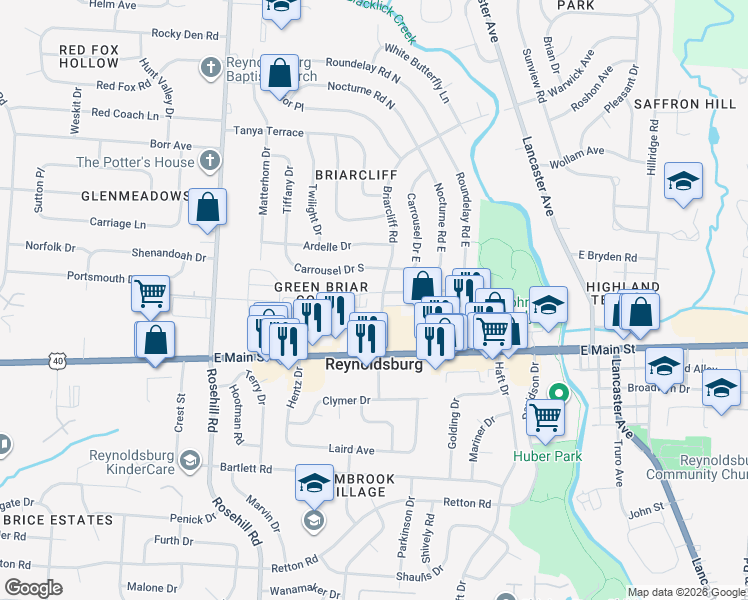 map of restaurants, bars, coffee shops, grocery stores, and more near 6985 Roundelay Road East in Reynoldsburg