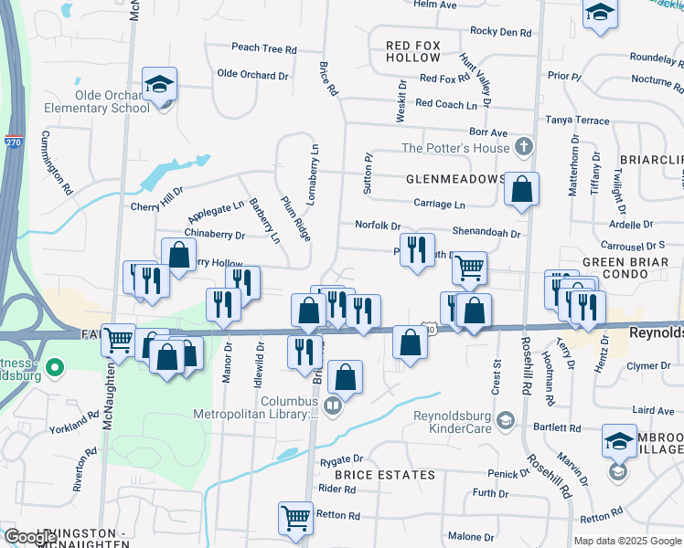 map of restaurants, bars, coffee shops, grocery stores, and more near 1197 Woodwind Drive in Reynoldsburg