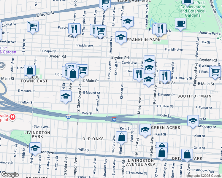 map of restaurants, bars, coffee shops, grocery stores, and more near 440 Linwood Avenue in Columbus