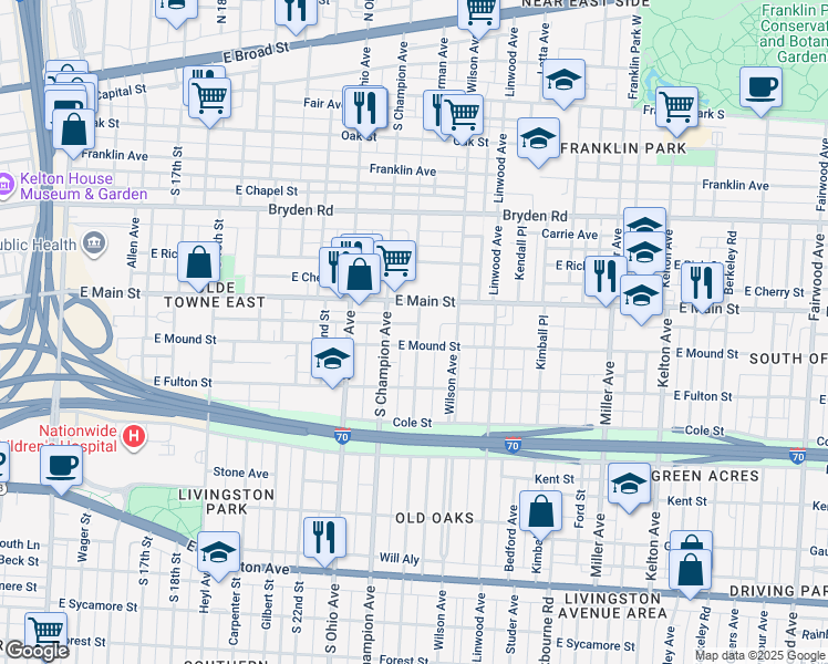 map of restaurants, bars, coffee shops, grocery stores, and more near 434 Oakwood Avenue in Columbus