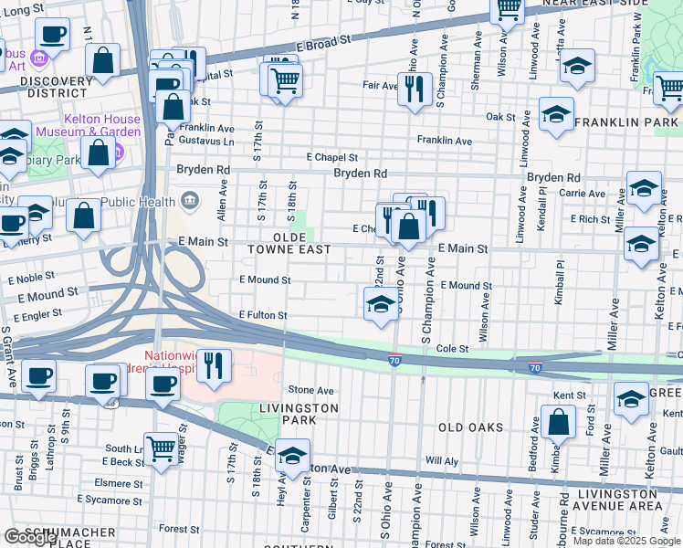 map of restaurants, bars, coffee shops, grocery stores, and more near 943 McAllister Avenue in Columbus