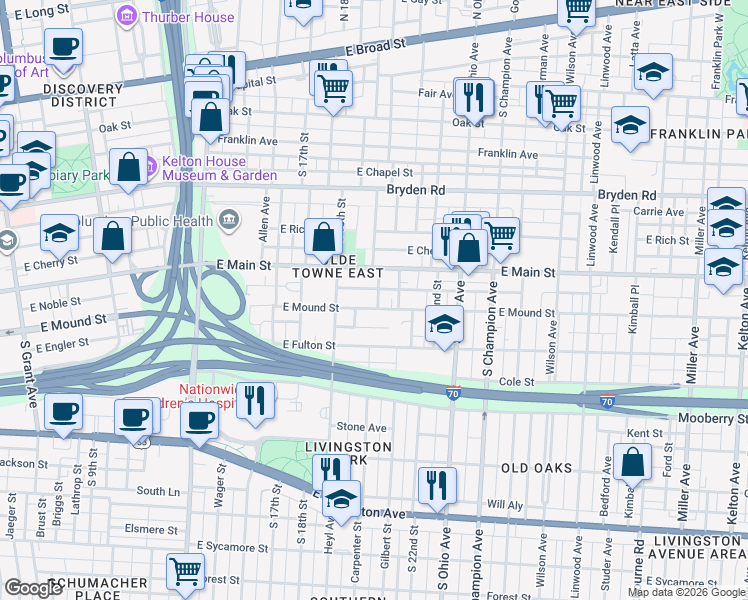 map of restaurants, bars, coffee shops, grocery stores, and more near 943 McAllister Avenue in Columbus