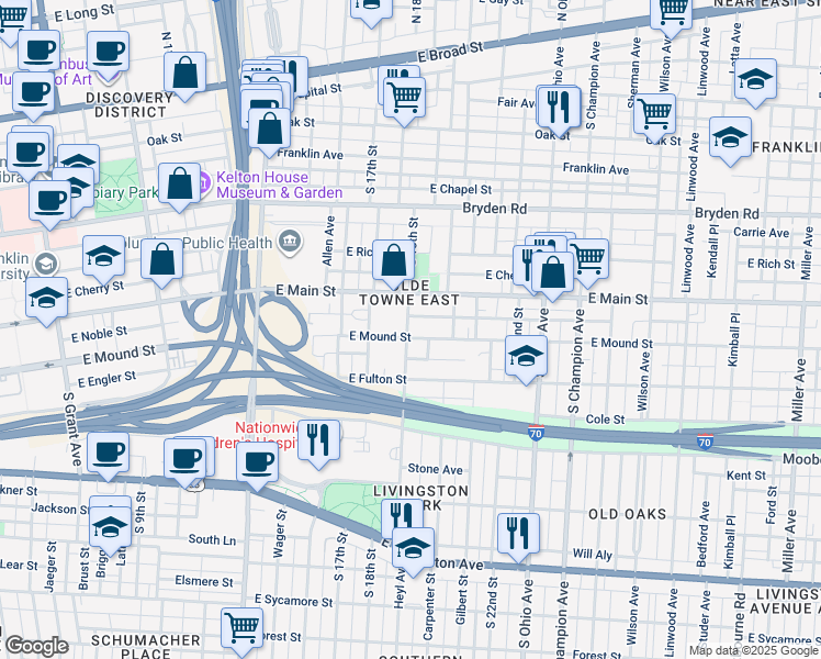 map of restaurants, bars, coffee shops, grocery stores, and more near 847 McAllister Avenue in Columbus
