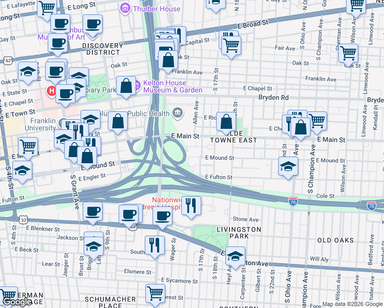map of restaurants, bars, coffee shops, grocery stores, and more near 722 East Mound Street in Columbus
