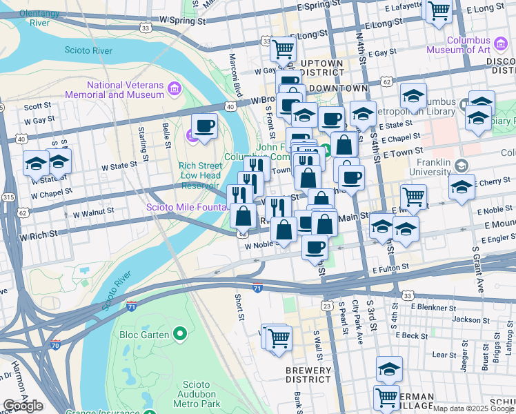 map of restaurants, bars, coffee shops, grocery stores, and more near 111 West Rich Street in Columbus