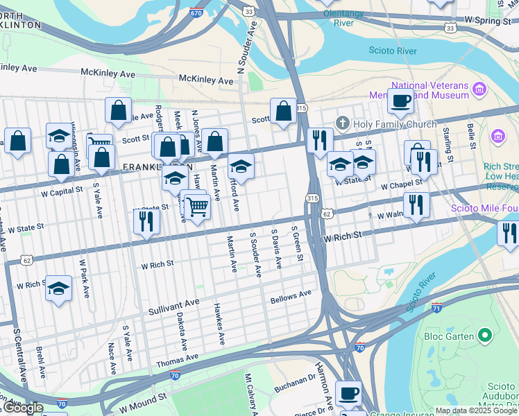 map of restaurants, bars, coffee shops, grocery stores, and more near 127 South Davis Avenue in Columbus