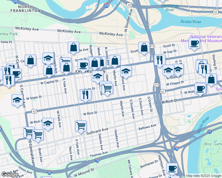 map of restaurants, bars, coffee shops, grocery stores, and more near 108 Hawkes Avenue in Columbus