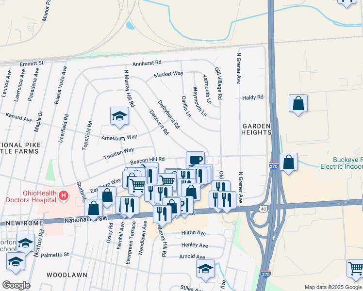 map of restaurants, bars, coffee shops, grocery stores, and more near in Columbus