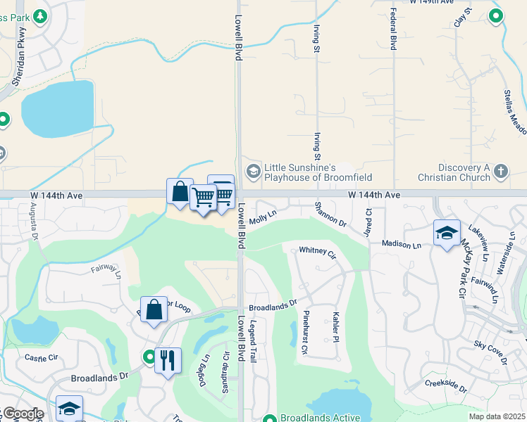 map of restaurants, bars, coffee shops, grocery stores, and more near 3484 Molly Circle in Broomfield