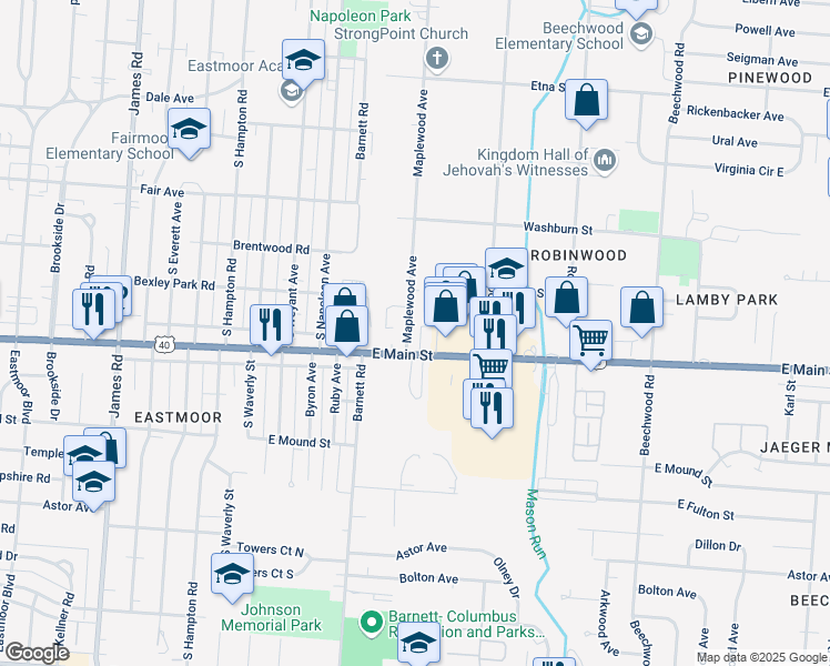 map of restaurants, bars, coffee shops, grocery stores, and more near 3552 East Main Street in Columbus