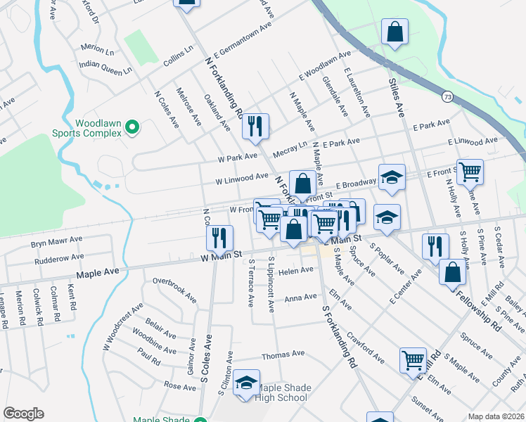 map of restaurants, bars, coffee shops, grocery stores, and more near 40 Brubaker Lane in Maple Shade