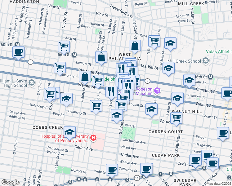 map of restaurants, bars, coffee shops, grocery stores, and more near 5228 Walnut Street in Philadelphia