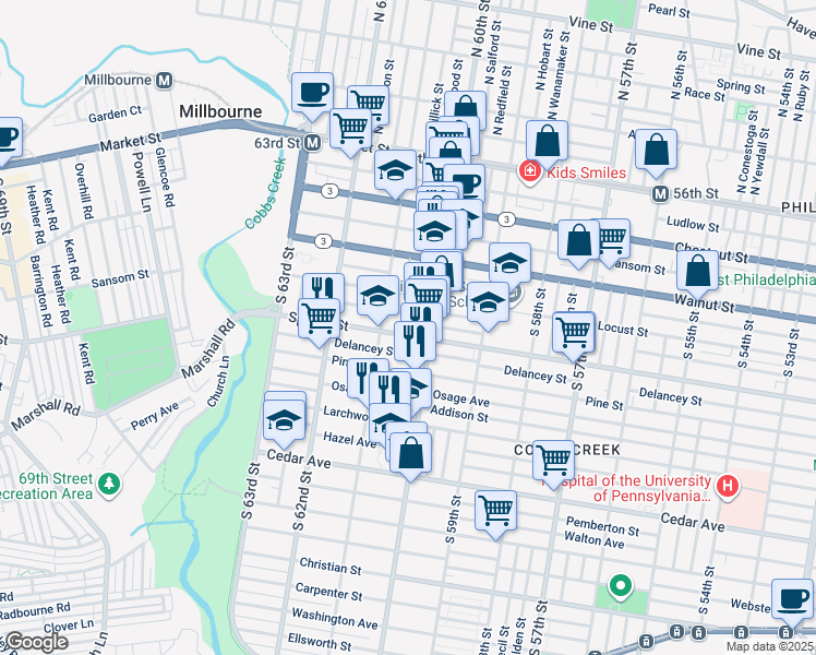 map of restaurants, bars, coffee shops, grocery stores, and more near 6023 Spruce Street in Philadelphia