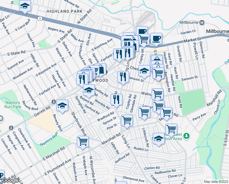 map of restaurants, bars, coffee shops, grocery stores, and more near 412 Littlecroft Road in Upper Darby