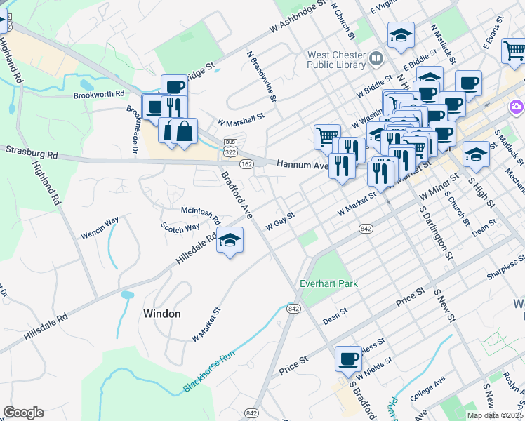 map of restaurants, bars, coffee shops, grocery stores, and more near 614 West Chestnut Street in West Chester