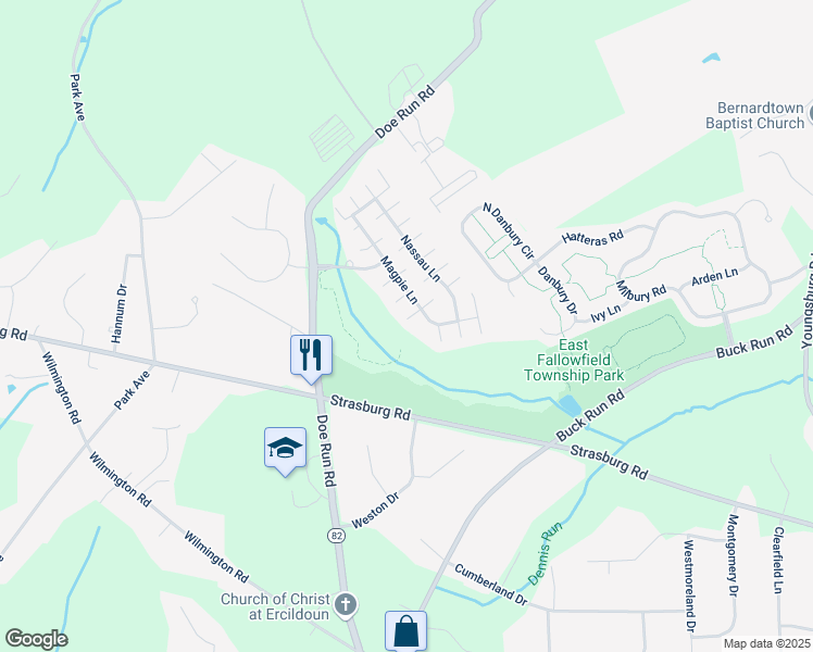 map of restaurants, bars, coffee shops, grocery stores, and more near 105 South Partridge Way in Coatesville
