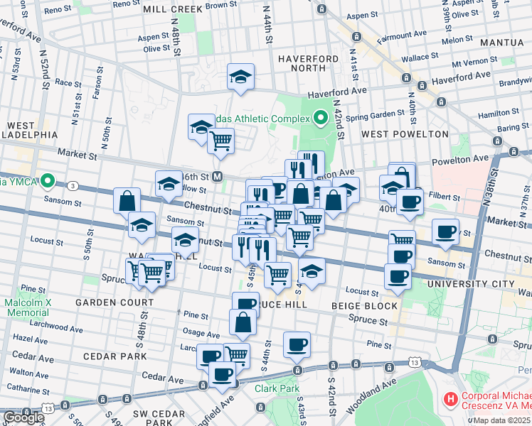 map of restaurants, bars, coffee shops, grocery stores, and more near 4501 Chestnut Street in Philadelphia