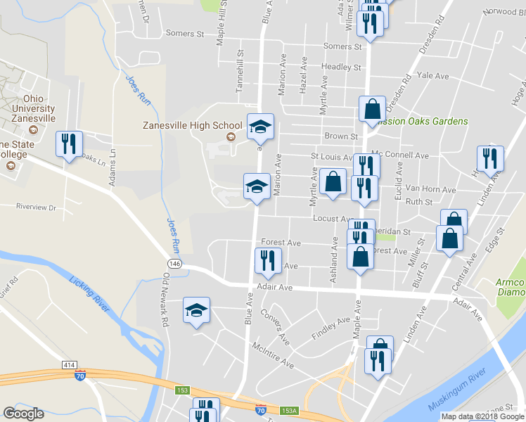 map of restaurants, bars, coffee shops, grocery stores, and more near 955 Locust Avenue in Zanesville
