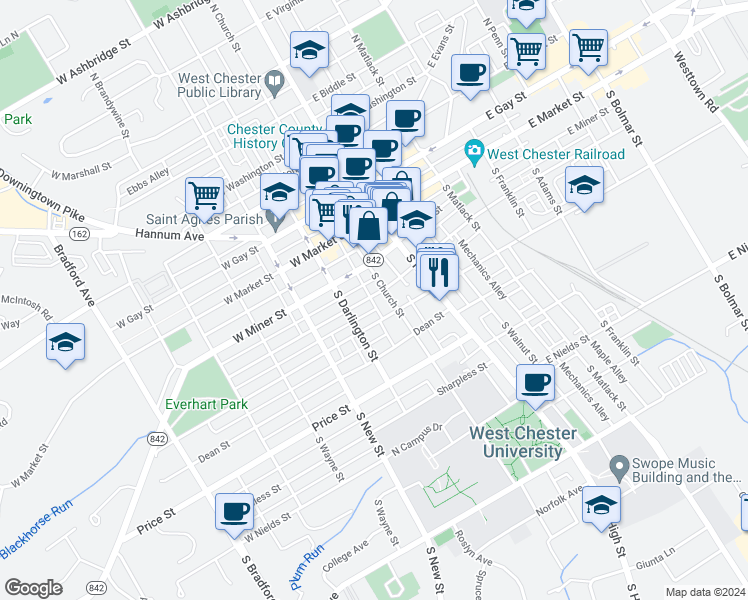 map of restaurants, bars, coffee shops, grocery stores, and more near 106 West Barnard Street in West Chester