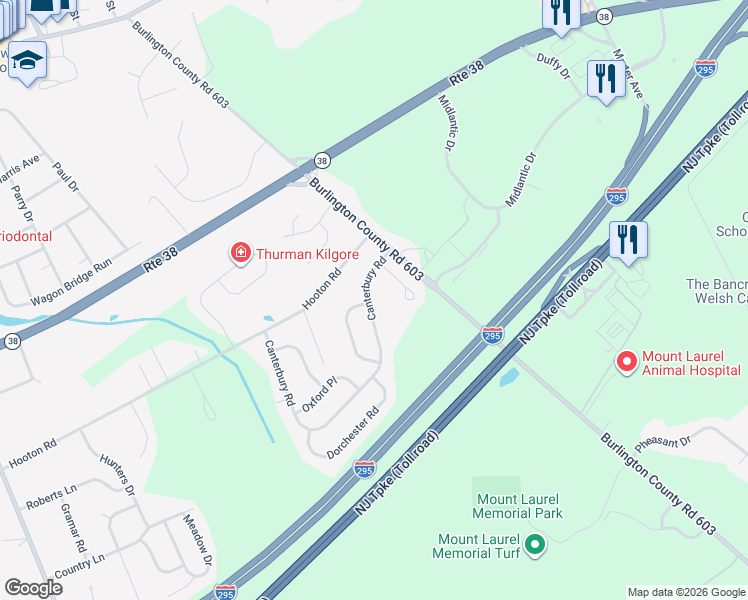 map of restaurants, bars, coffee shops, grocery stores, and more near 116 Canterbury Road in Mount Laurel Township