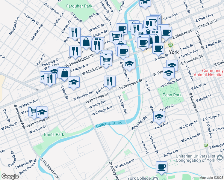 map of restaurants, bars, coffee shops, grocery stores, and more near 152 South Penn Street in York