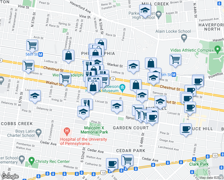 map of restaurants, bars, coffee shops, grocery stores, and more near 5041 Walnut Street in Philadelphia