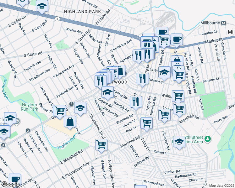 map of restaurants, bars, coffee shops, grocery stores, and more near 7012 Veronica Road in Upper Darby