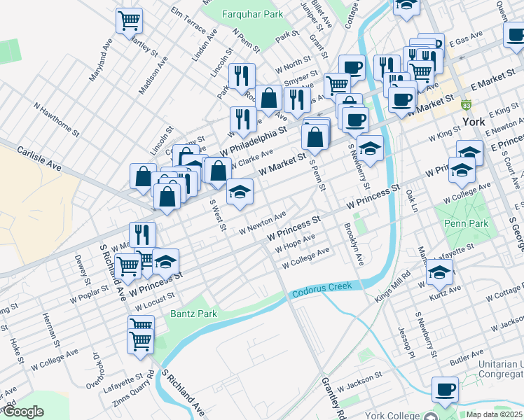 map of restaurants, bars, coffee shops, grocery stores, and more near 504 West King Street in York