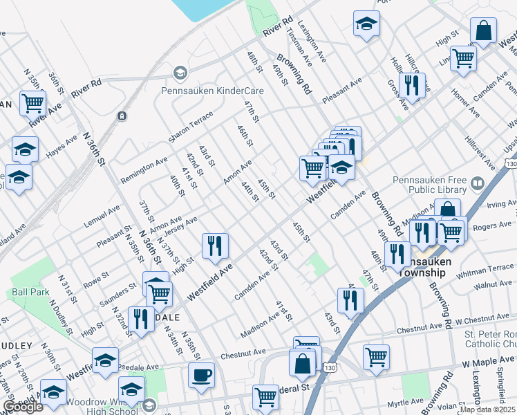 map of restaurants, bars, coffee shops, grocery stores, and more near 1903 44th Street in Pennsauken Township