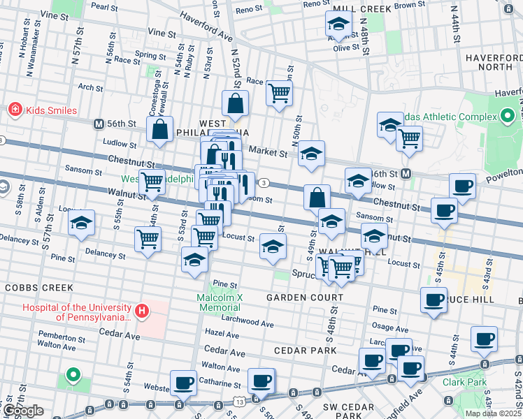 map of restaurants, bars, coffee shops, grocery stores, and more near 5041 Walnut Street in Philadelphia